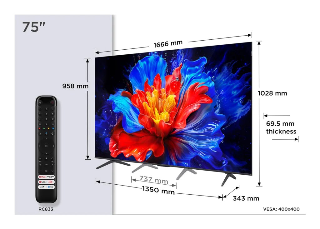 Televizor TCL QLED 75P8K, 189 cm, Smart Google TV, 4K Ultra HD, 144Hz, Clasa F — 144Hz și 6,5ms: Avantaj decisiv pentru gaming
