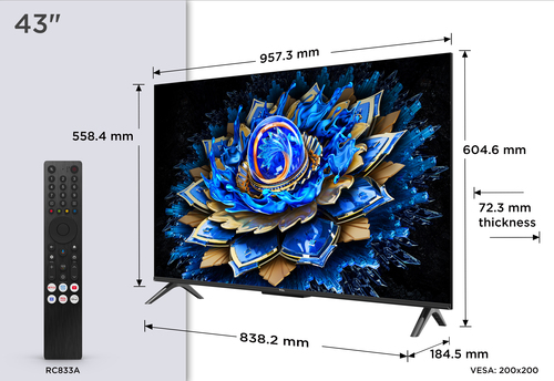 Televizor TCL QLED 43T69C, 108 cm, Smart Google TV, 4K Ultra HD, Clasa G — Conectivitate și design — compact și ușor de montat