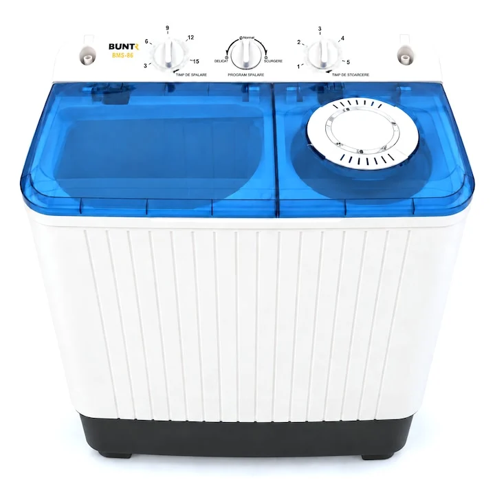 Masina de spalat rufe semiautomata Buntz BMS-86, 8 Kg, Capacitate rufe stoarcere 6Kg, 380 W, Alb/Albastru