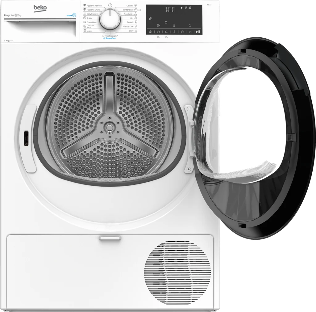 Uscator de rufe Beko B3T67230, 7 kg, Clasa D, Pompa de caldura, SteamCure, Hygienic Dry, Recycled Dry, Alb — Programe și funcții de igienizare