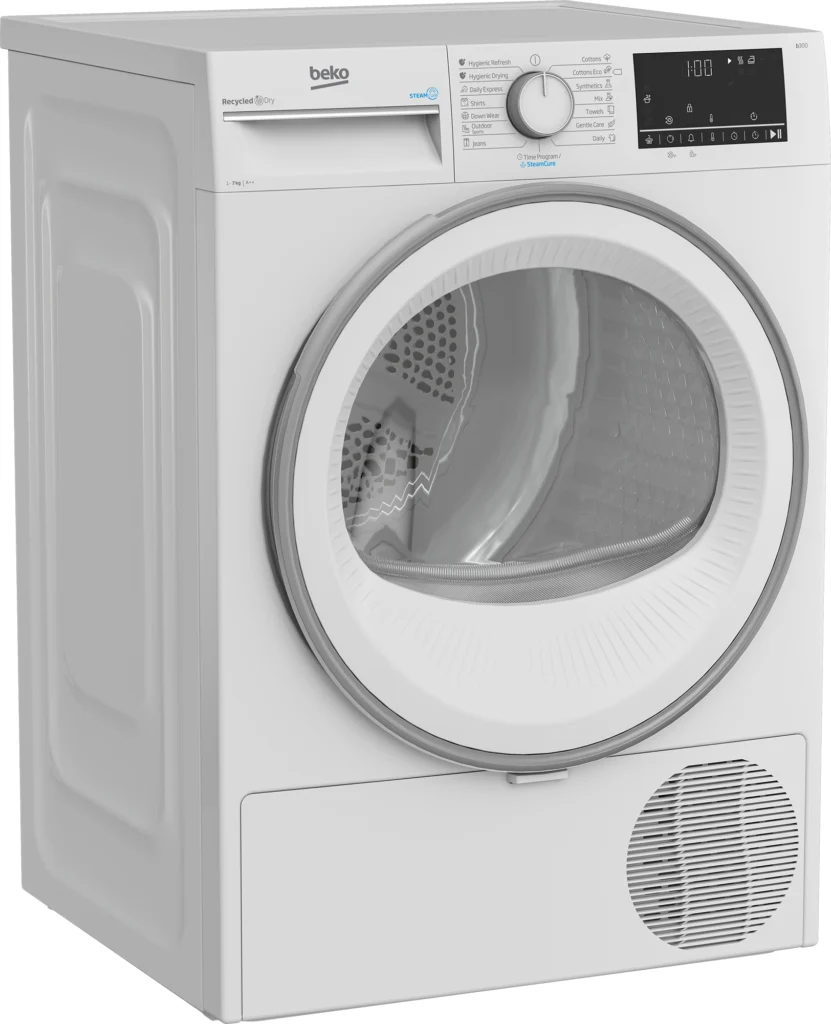 Uscator de rufe Beko B3T67230, 7 kg, Clasa D, Pompa de caldura, SteamCure, Hygienic Dry, Recycled Dry, Alb — Prețul și reducerea de 13%