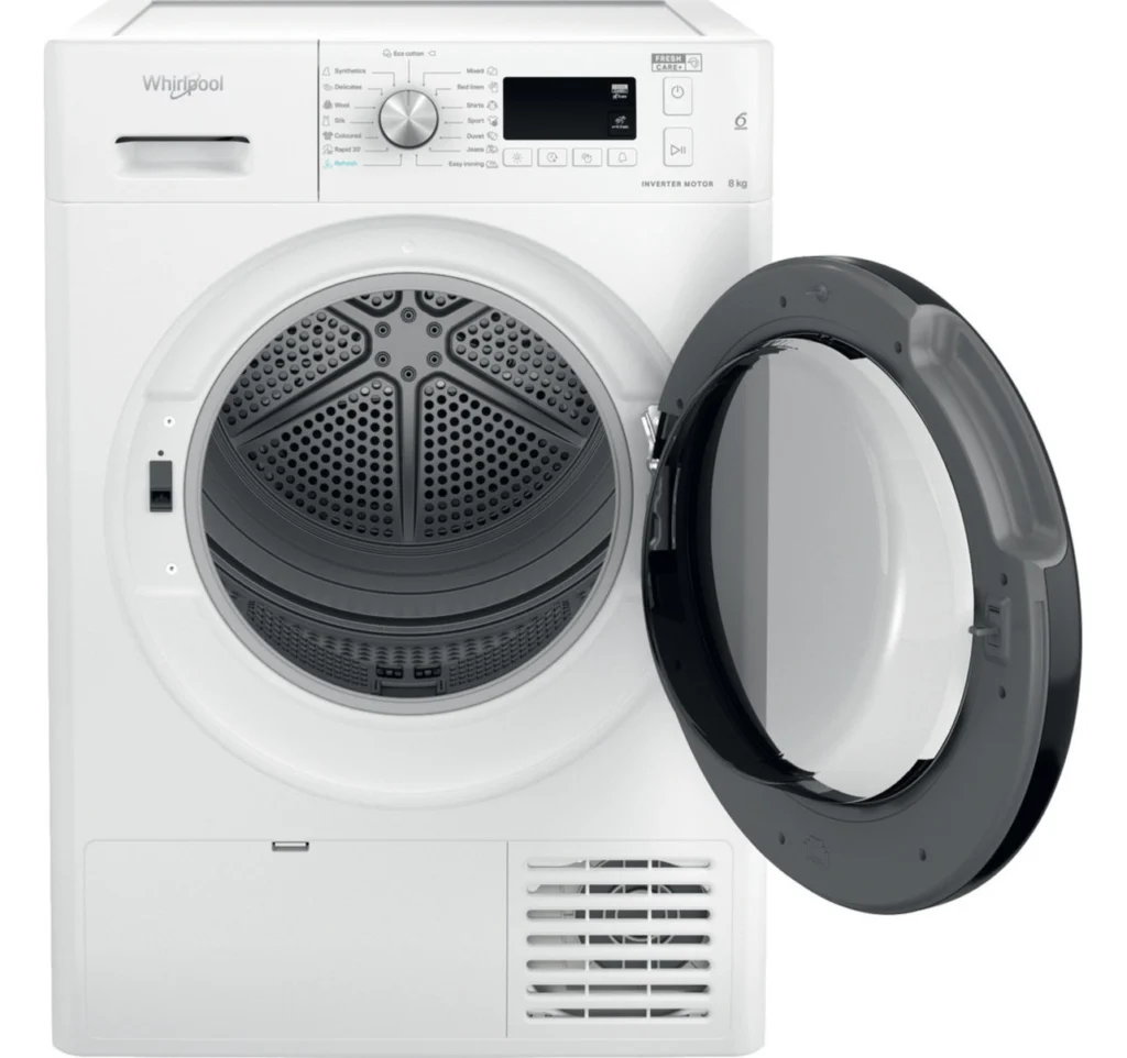 Uscator de rufe Whirlpool FFTM1182BEE, Pompa de caldura, 8 kg, Clasa E, Freshcare+, Tehnologia al 6-lea Simt, Alb — Confort și alerte
