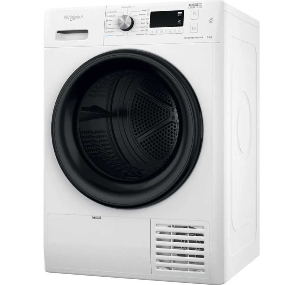 Uscator de rufe Whirlpool FFTM1182BEE, Pompa de caldura, 8 kg, Clasa E, Freshcare+, Tehnologia al 6-lea Simt, Alb — Pompa de căldură și eficiența